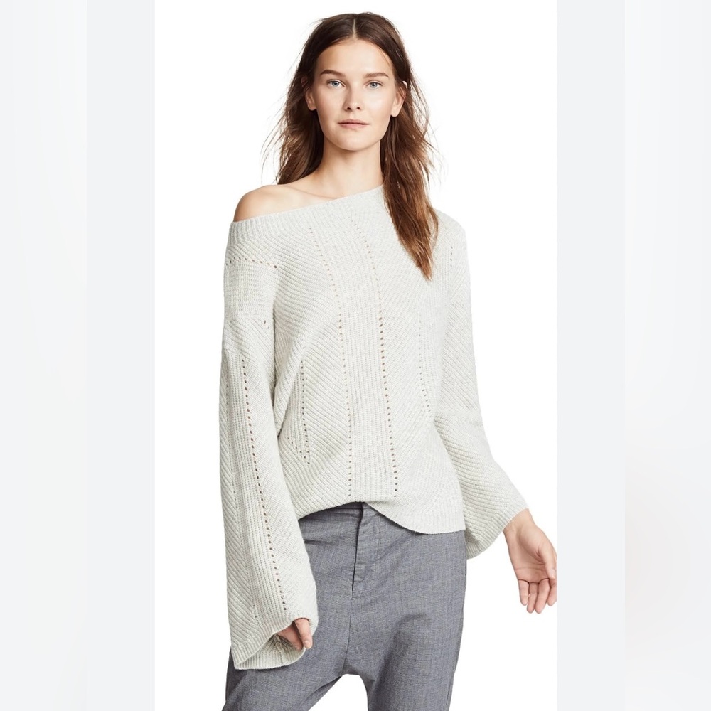 Nili Lotan Off-Shoulder Open-Knit Sweater in Light Gray